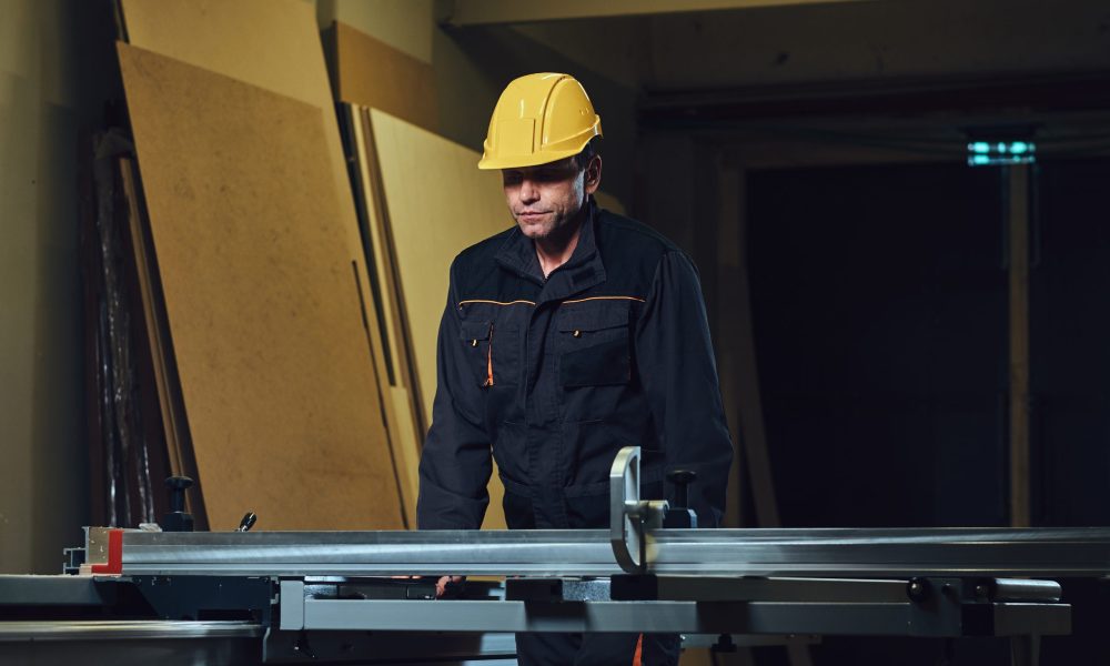 The woodworker is leaning at the wooden table.